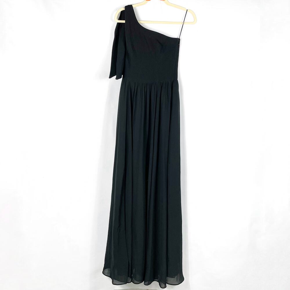 Dress the Population Maxi Dress Black One Shoulder Chiffon Gown Sz XS Women